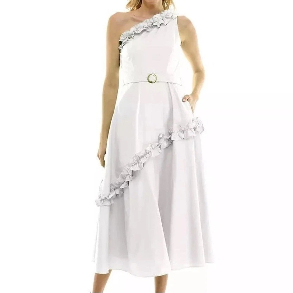 Taylor Ruffled A Line One Shoulder Dress White Bloom Midi Belt Womens 16